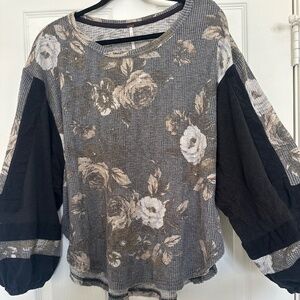 Free People Flower Patch Floral Black oversized sleeves Size L